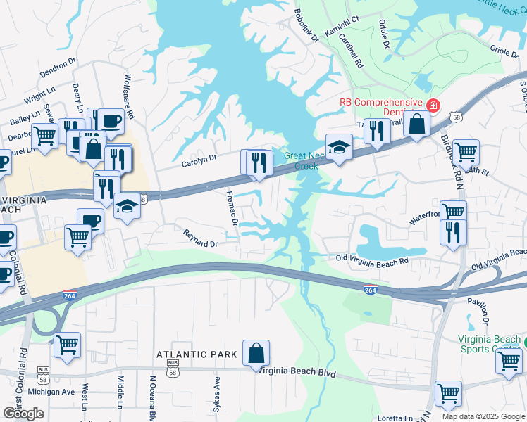 map of restaurants, bars, coffee shops, grocery stores, and more near 605 Gay Drive in Virginia Beach