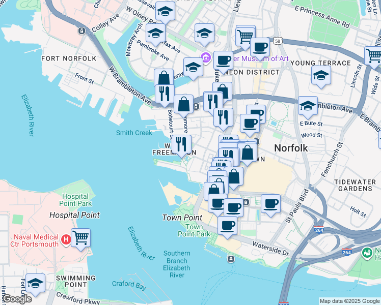 map of restaurants, bars, coffee shops, grocery stores, and more near 278 West Tazewell Street in Norfolk