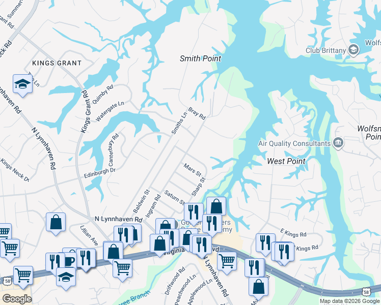 map of restaurants, bars, coffee shops, grocery stores, and more near 536 Sharp Street in Virginia Beach