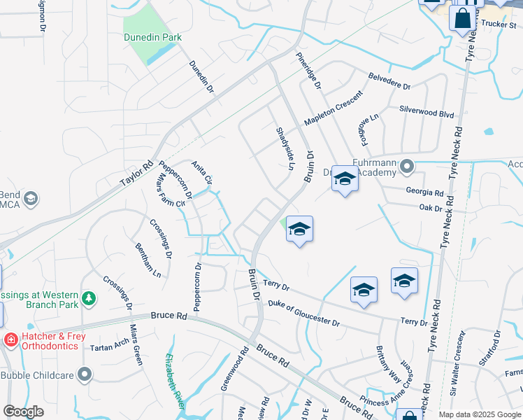 map of restaurants, bars, coffee shops, grocery stores, and more near 4320 Manchester Lane in Chesapeake