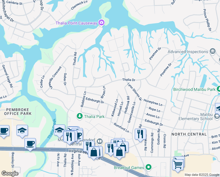 map of restaurants, bars, coffee shops, grocery stores, and more near 4025 Thalia Drive in Virginia Beach