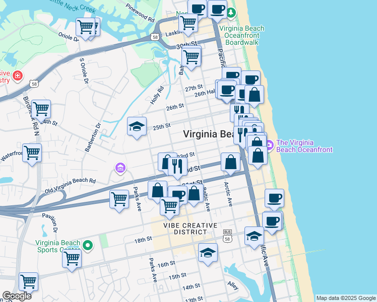 map of restaurants, bars, coffee shops, grocery stores, and more near 505 23rd Street in Virginia Beach