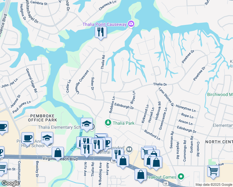 map of restaurants, bars, coffee shops, grocery stores, and more near 516 Robbins Lane in Virginia Beach