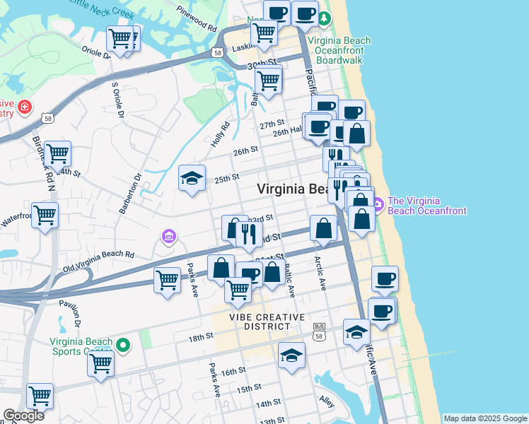 map of restaurants, bars, coffee shops, grocery stores, and more near 505 23rd Street in Virginia Beach