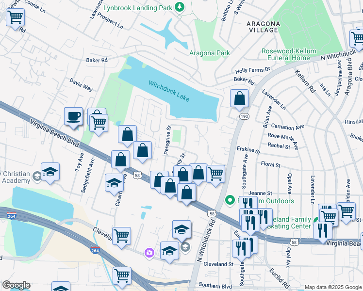 map of restaurants, bars, coffee shops, grocery stores, and more near 585 Peregrine Street in Virginia Beach