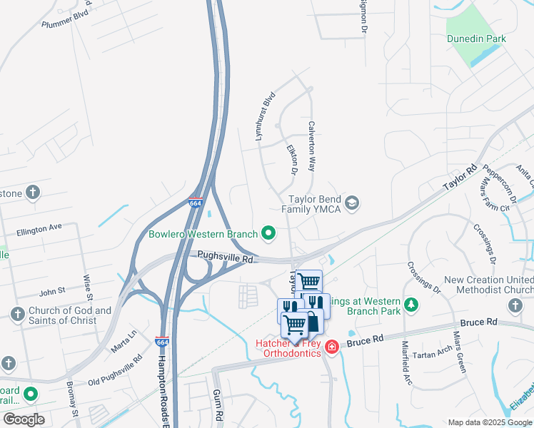 map of restaurants, bars, coffee shops, grocery stores, and more near 3605 Calverton Court in Chesapeake