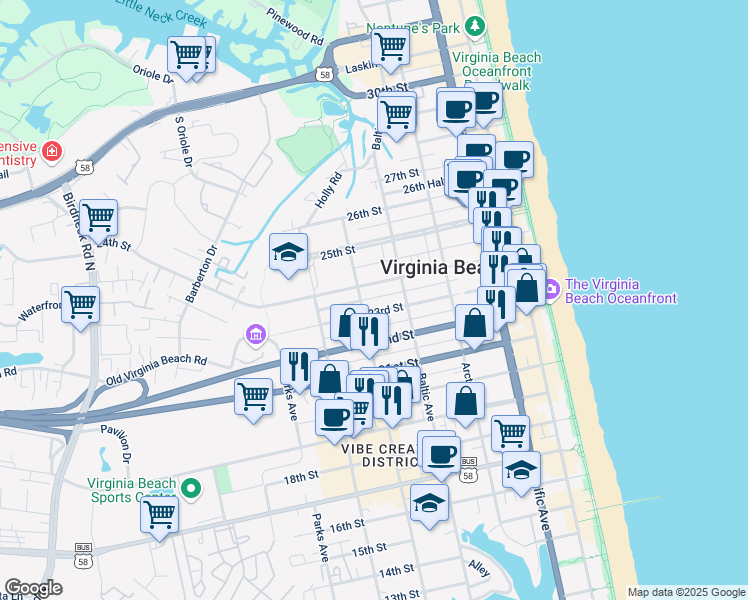 map of restaurants, bars, coffee shops, grocery stores, and more near 515 23 1/2 Street in Virginia Beach
