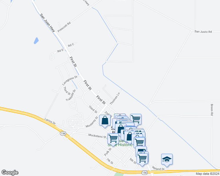 map of restaurants, bars, coffee shops, grocery stores, and more near 7 Thomas Lane in San Juan Bautista