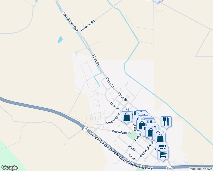 map of restaurants, bars, coffee shops, grocery stores, and more near 6 Ahwahnee Street in San Juan Bautista
