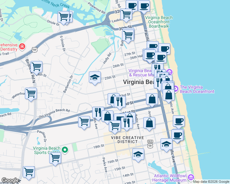 map of restaurants, bars, coffee shops, grocery stores, and more near 515 23 1/2 Street in Virginia Beach