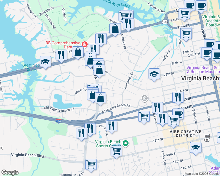 map of restaurants, bars, coffee shops, grocery stores, and more near 3433 Marabou Lane in Virginia Beach
