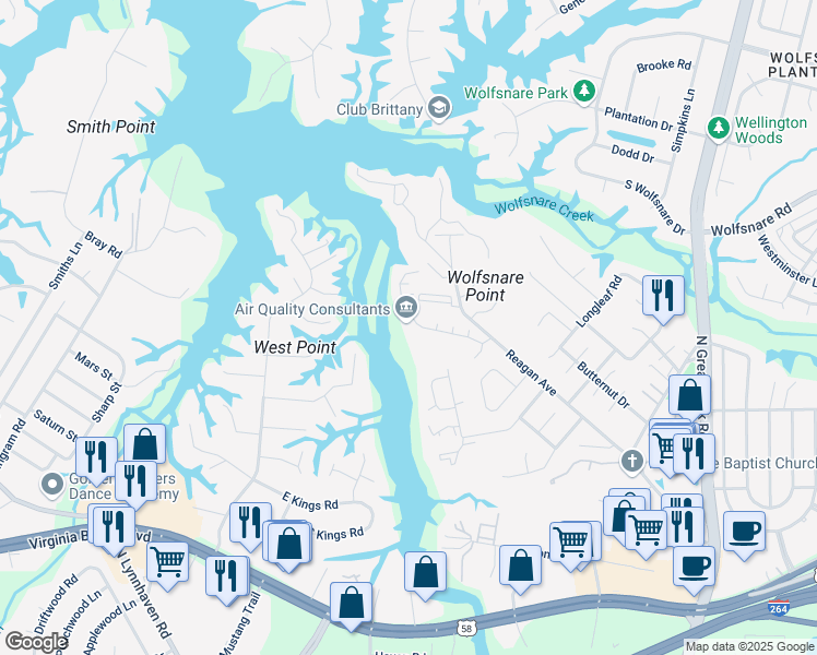 map of restaurants, bars, coffee shops, grocery stores, and more near 2643 Cove Point Place in Virginia Beach