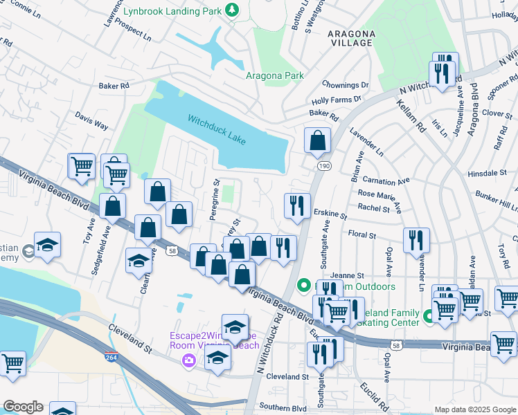 map of restaurants, bars, coffee shops, grocery stores, and more near 408 Spring Court in Virginia Beach