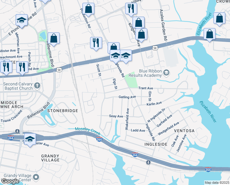map of restaurants, bars, coffee shops, grocery stores, and more near 3541 Trant Avenue in Norfolk
