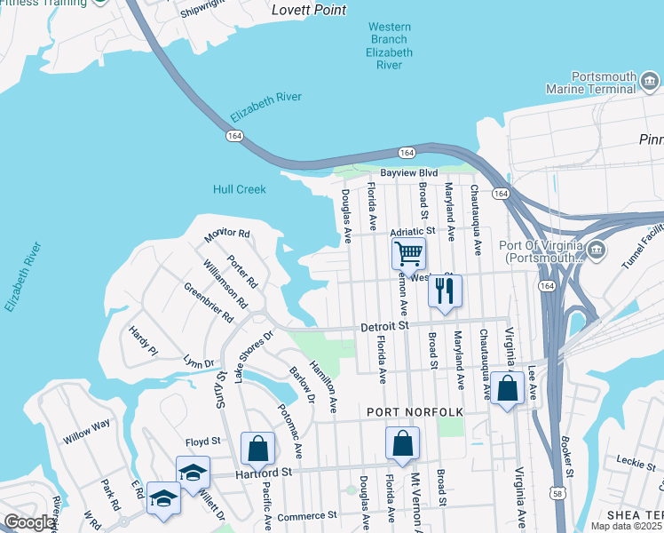 map of restaurants, bars, coffee shops, grocery stores, and more near 238 Douglas Avenue in Portsmouth