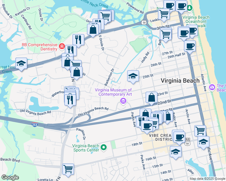 map of restaurants, bars, coffee shops, grocery stores, and more near 832 24th Street in Virginia Beach