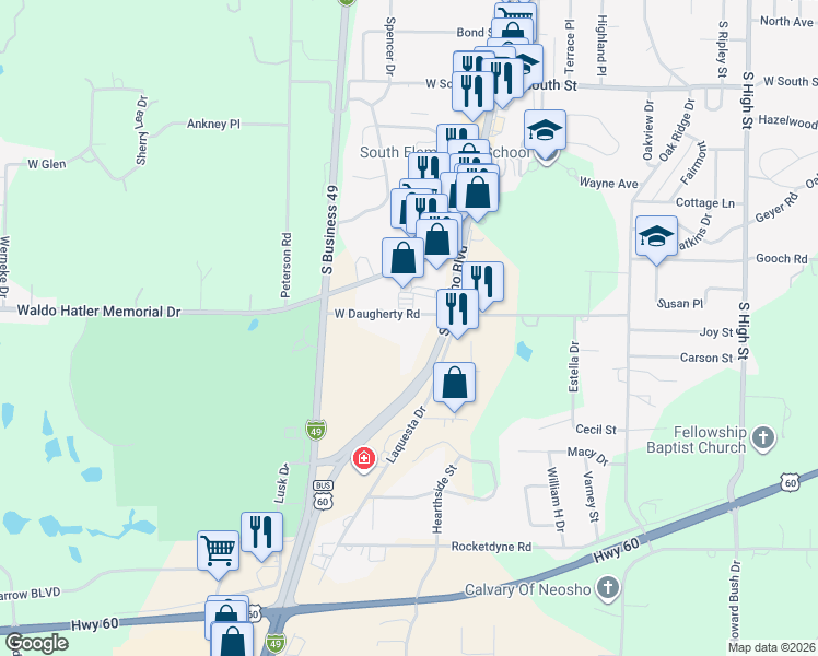 map of restaurants, bars, coffee shops, grocery stores, and more near 1363 West Daugherty Road in Neosho