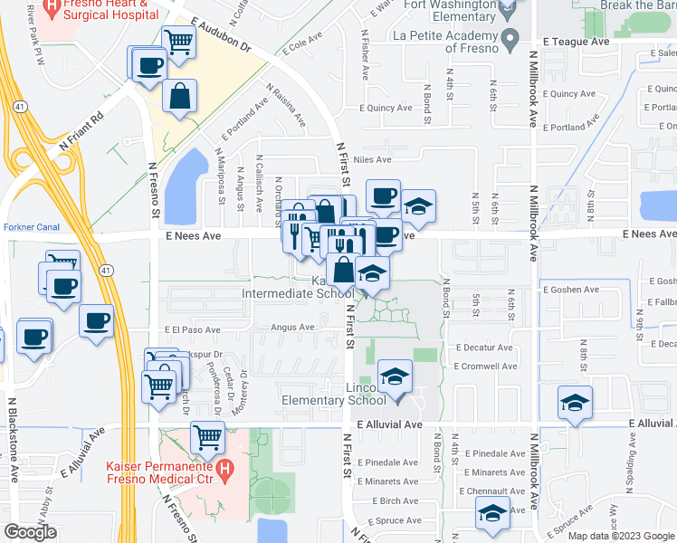 map of restaurants, bars, coffee shops, grocery stores, and more near 7709 North First Street in Fresno