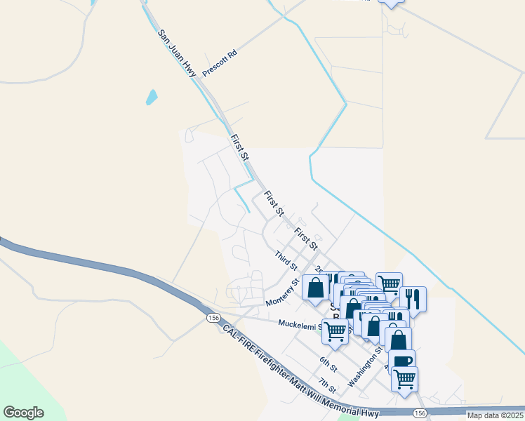 map of restaurants, bars, coffee shops, grocery stores, and more near 6 Ahwahnee Street in San Juan Bautista
