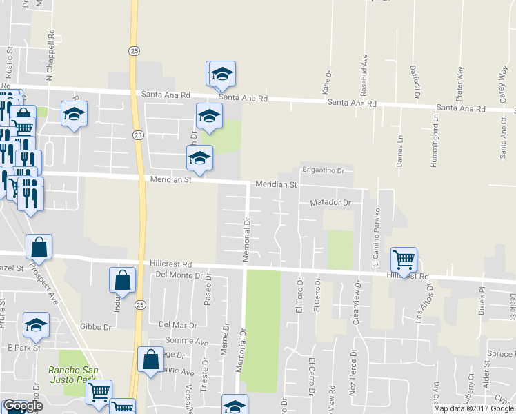 map of restaurants, bars, coffee shops, grocery stores, and more near 1020 Pear Court in Hollister