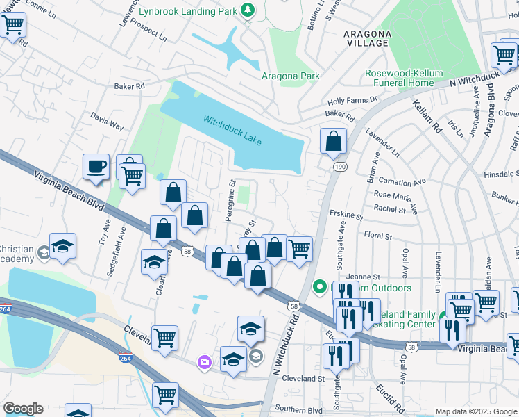 map of restaurants, bars, coffee shops, grocery stores, and more near 585 Peregrine Street in Virginia Beach