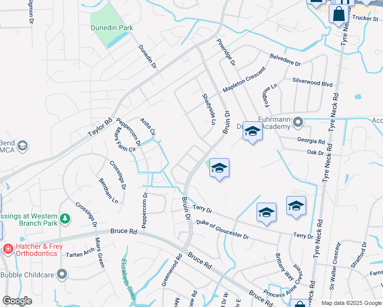 map of restaurants, bars, coffee shops, grocery stores, and more near 4320 Manchester Lane in Chesapeake