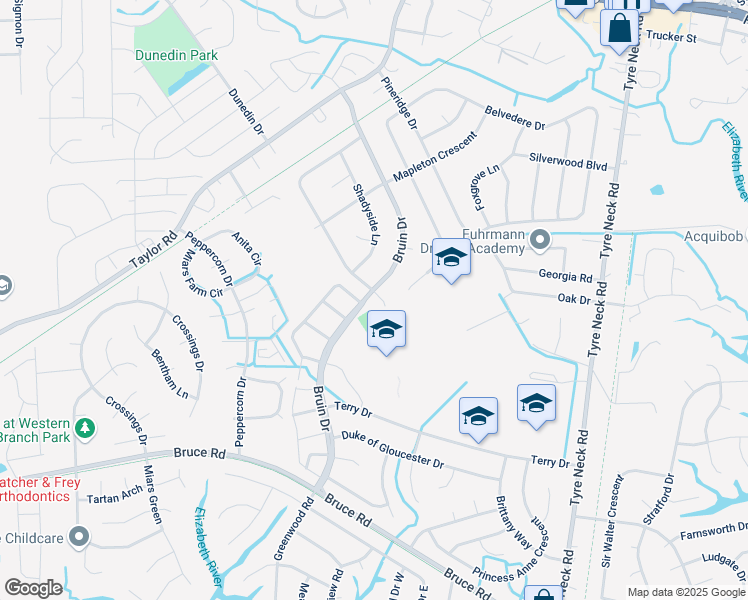 map of restaurants, bars, coffee shops, grocery stores, and more near 3151 Bruin Drive in Chesapeake