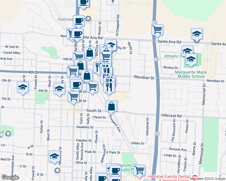 map of restaurants, bars, coffee shops, grocery stores, and more near 560 Las Palmas Dr in Hollister