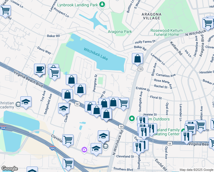 map of restaurants, bars, coffee shops, grocery stores, and more near 585 Peregrine Street in Virginia Beach