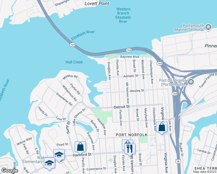 map of restaurants, bars, coffee shops, grocery stores, and more near 238 Douglas Avenue in Portsmouth