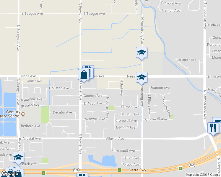 map of restaurants, bars, coffee shops, grocery stores, and more near 2046 Houston Avenue in Clovis