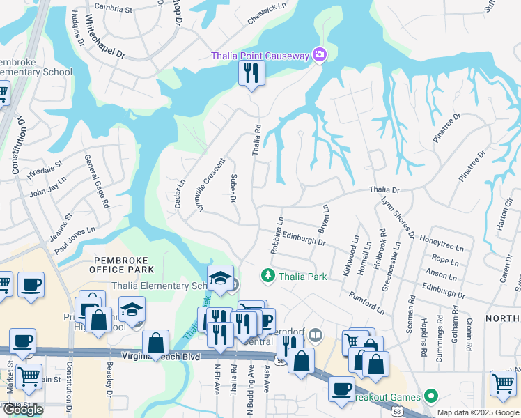 map of restaurants, bars, coffee shops, grocery stores, and more near 4213 Thalia Drive in Virginia Beach