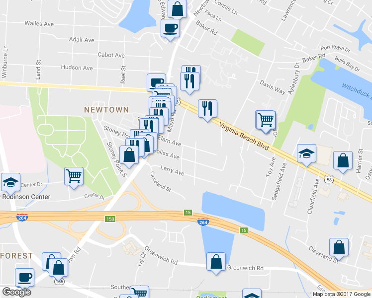 map of restaurants, bars, coffee shops, grocery stores, and more near 250 Fair Meadows Road in Virginia Beach