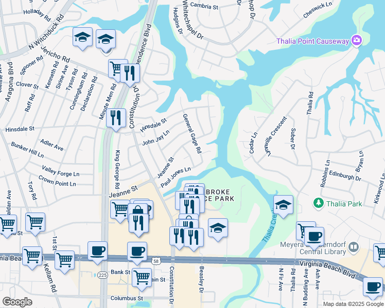 map of restaurants, bars, coffee shops, grocery stores, and more near 312 Anthony Wayne Road in Virginia Beach