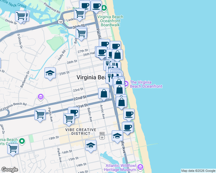 map of restaurants, bars, coffee shops, grocery stores, and more near 302 23rd Street in Virginia Beach