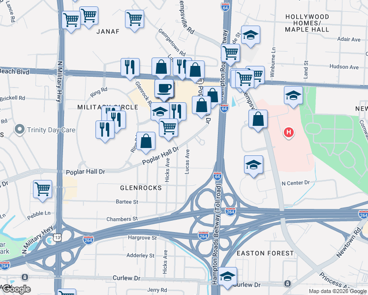 map of restaurants, bars, coffee shops, grocery stores, and more near in Norfolk