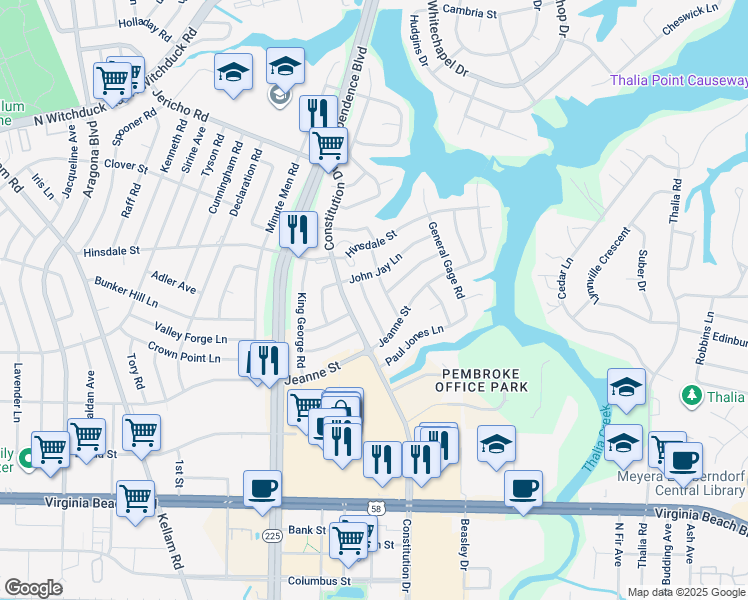 map of restaurants, bars, coffee shops, grocery stores, and more near 420 Betsy Ross Road in Virginia Beach
