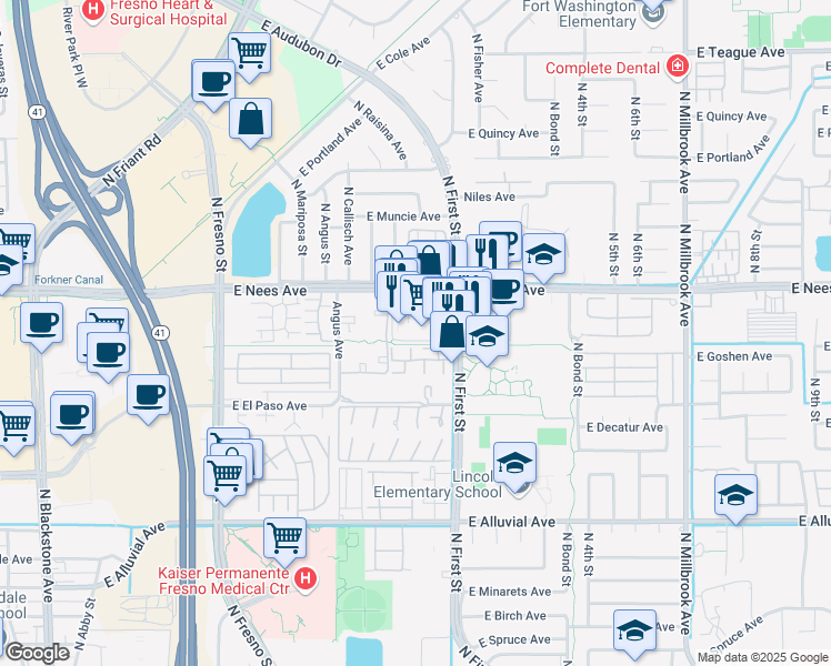 map of restaurants, bars, coffee shops, grocery stores, and more near 7737 North First Street in Fresno