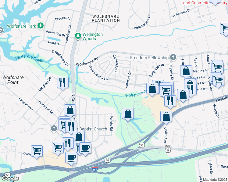 map of restaurants, bars, coffee shops, grocery stores, and more near 404 Cadbury Circle in Virginia Beach