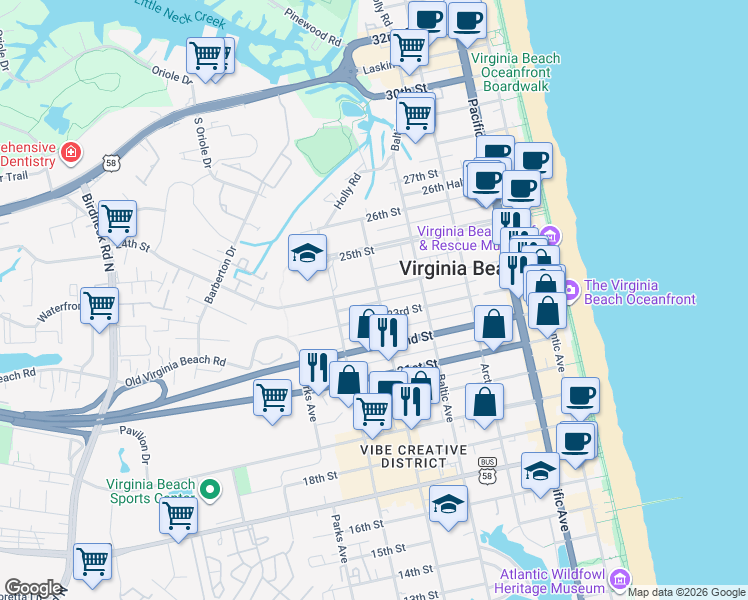 map of restaurants, bars, coffee shops, grocery stores, and more near 515 23 1/2 Street in Virginia Beach