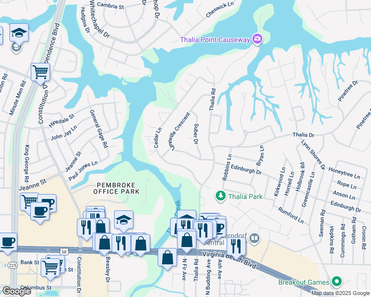 map of restaurants, bars, coffee shops, grocery stores, and more near 4320 Lynnville Crescent in Virginia Beach