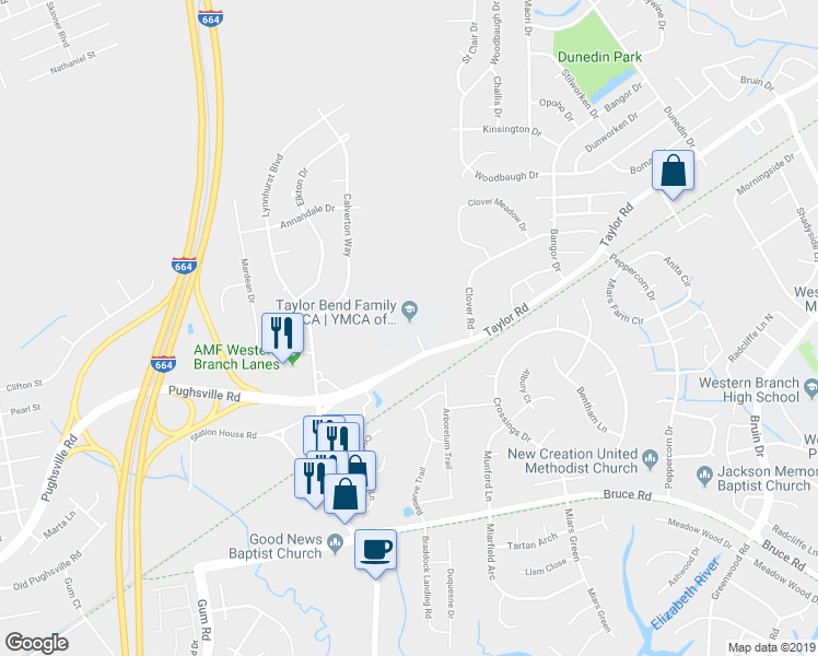 map of restaurants, bars, coffee shops, grocery stores, and more near 4626 Taylor Road in Chesapeake