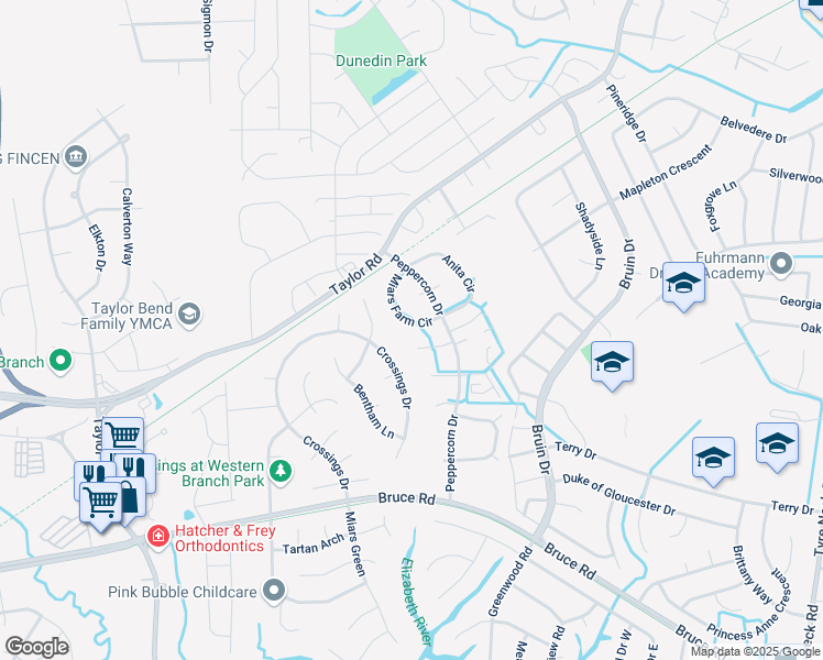 map of restaurants, bars, coffee shops, grocery stores, and more near 3412 Miars Farm Circle in Chesapeake