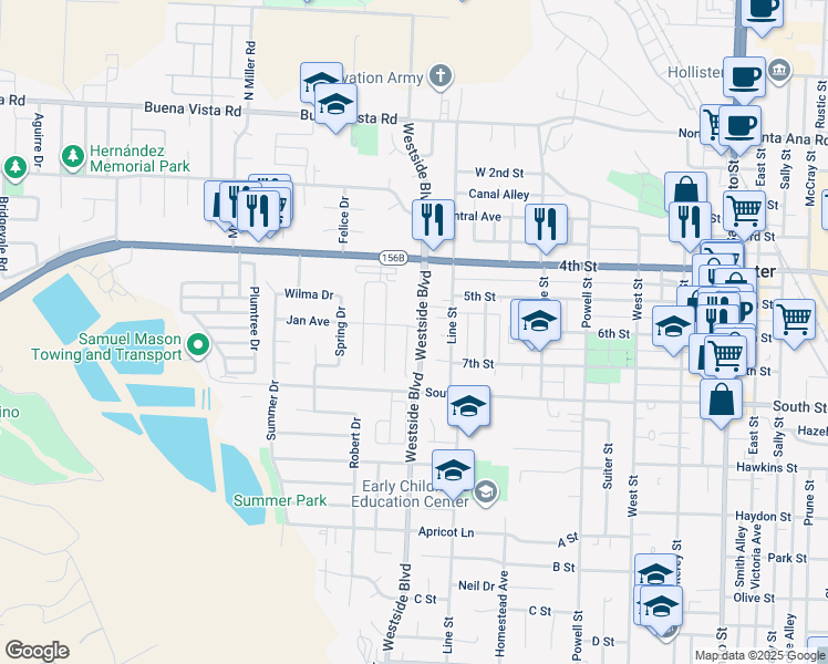 map of restaurants, bars, coffee shops, grocery stores, and more near 601 Chaparral Court in Hollister