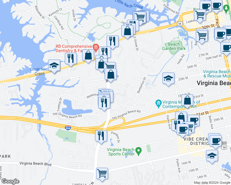 map of restaurants, bars, coffee shops, grocery stores, and more near 3423 Marabou Lane in Virginia Beach