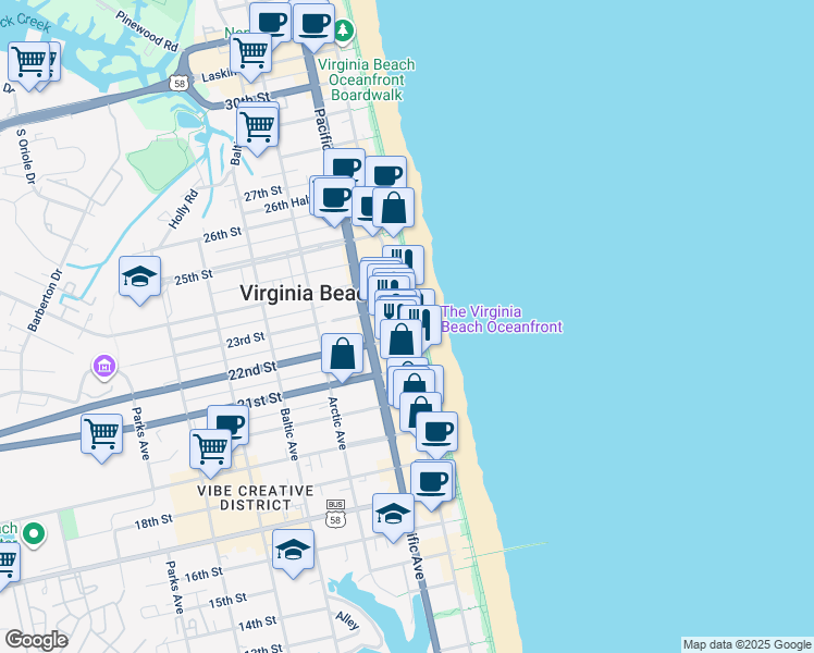 map of restaurants, bars, coffee shops, grocery stores, and more near 2015 Atlantic Avenue in Virginia Beach