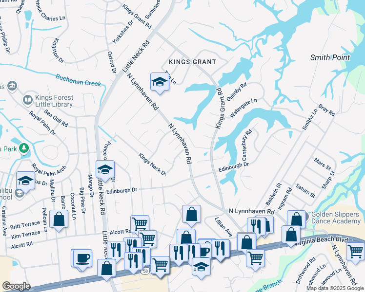 map of restaurants, bars, coffee shops, grocery stores, and more near 3300 Kings Neck Drive in Virginia Beach
