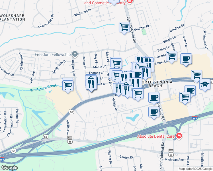 map of restaurants, bars, coffee shops, grocery stores, and more near 1841 Karen Lane in Virginia Beach