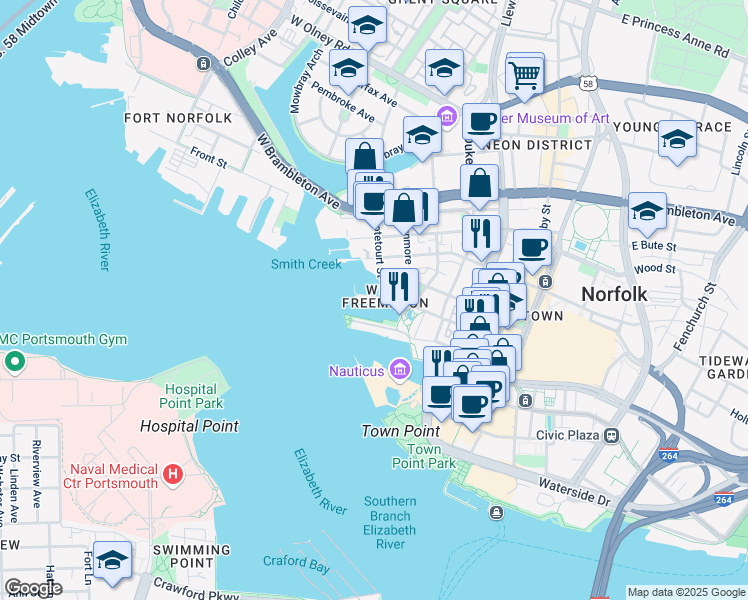 map of restaurants, bars, coffee shops, grocery stores, and more near 401 College Place in Norfolk