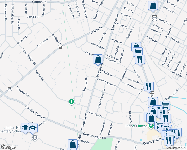 map of restaurants, bars, coffee shops, grocery stores, and more near 2601 Kenwood Drive in Hopkinsville